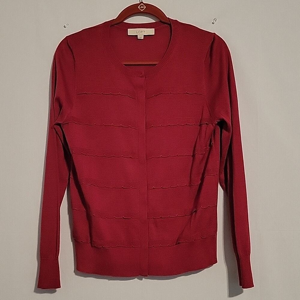 LOFT scalloped ruffle cardigan size M burgundy office career wear twee preppy
